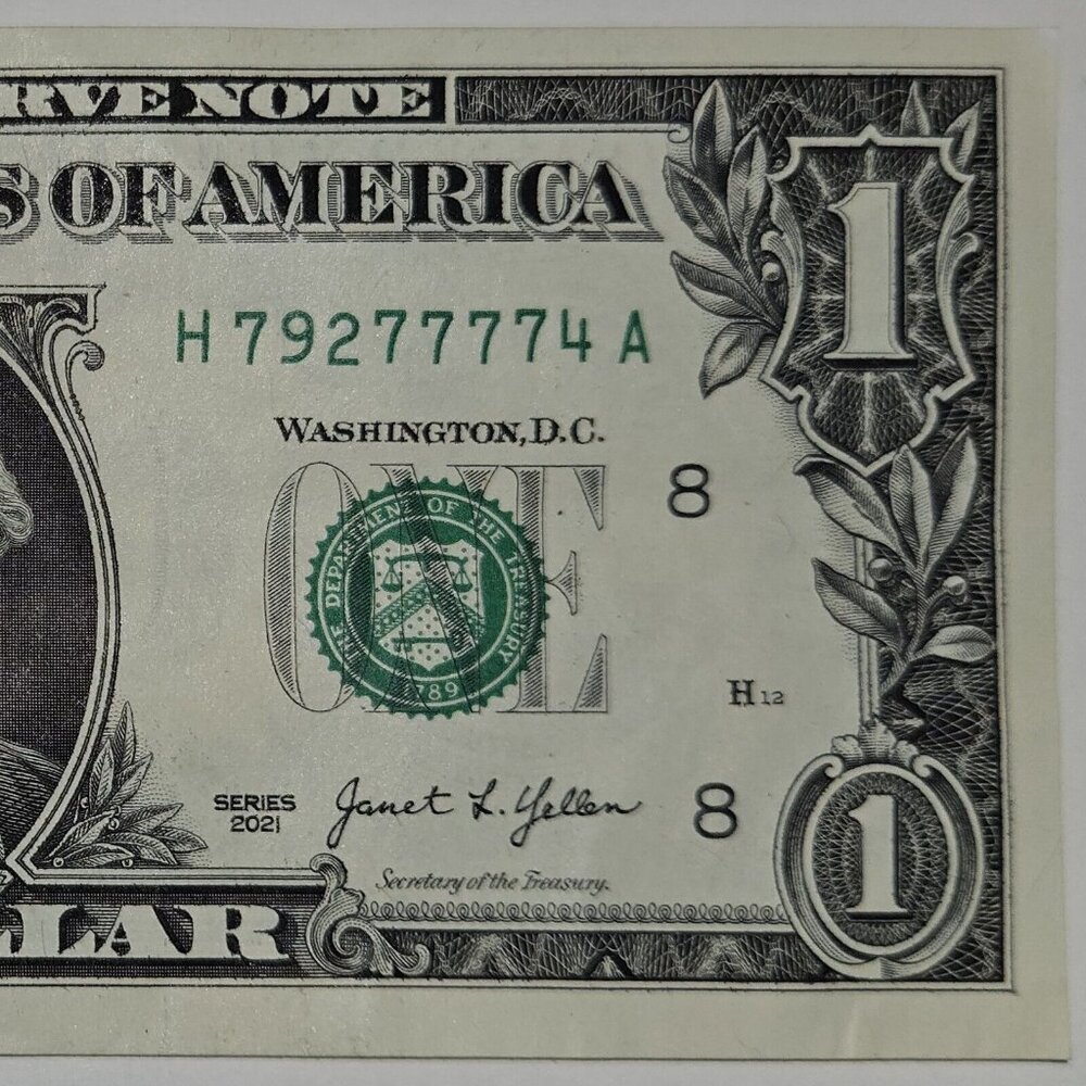 5 Of-A-Kind+4 IN-A-ROW 2021 One Dollar Bill H79277774A Fancy Serial Number -B342